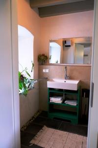 a bathroom with a sink and a mirror at Atelierhaus in Rehborn