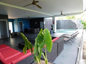 Una sala de estar con un sofá y una planta. en Sunset 205, sleeps six, next door to the pool, 100m to the beach!, en Jacó