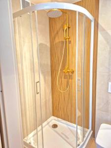 a shower with a glass enclosure in a bathroom at Apartament Balladyny in Lublin +10 photos