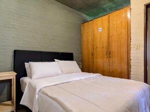 アスンシオンにあるAlojamiento Ecológico Asunciónのベッドルーム1室(白い大型ベッド1台、木製キャビネット付)