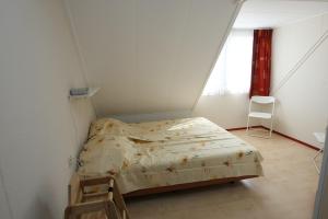 ein Schlafzimmer mit einem Bett in einem Zimmer mit einem Fenster in der Unterkunft De Groede in Oosterend