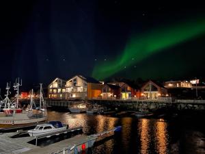 an image of the northern lights in the sky over a marina at Lofoten Seaside in Ballstad