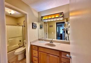 ein Badezimmer mit Waschbecken, Toilette und Spiegel in der Unterkunft Charming 1BDR Condo w Spectacular Golf Course View - 5518 in Traverse City