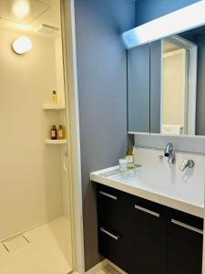 a bathroom with a sink and a mirror and a shower at ASOBO OSAKA Kuromon 2nd in Osaka