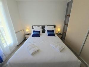 a large white bed with blue pillows in a bedroom at Gîte familial avec piscine commune, WiFi et animaux acceptés au cœur du Périgord - FR-1-616-288 in Le Bugue +17 photos