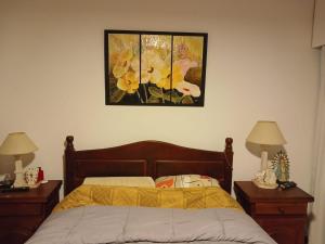 a bedroom with a bed with two nightstands and two lamps at Departamento Martirena in Colón Buenos Aires Province