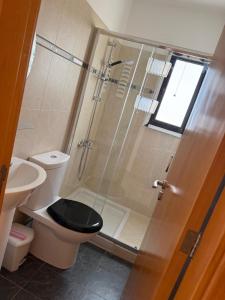 a bathroom with a shower with a toilet and a sink at Green valley Tersefanou in Tersephanou +19 photos
