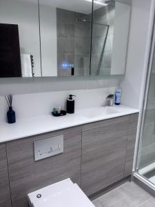 a bathroom with a white sink and a toilet at The Ivy Abode 2 bedroom ApartmentParking in Harlow +6 photos