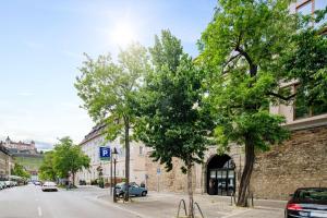 a tree on the side of a street next to a building at Best Western Premier Hotel Rebstock in Würzburg