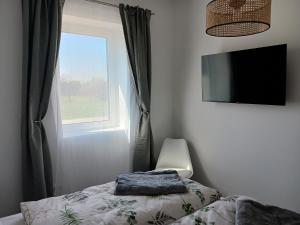 una camera da letto con un letto, una finestra e una televisione di Apartments Mexico Puszta - Nähe Neusiedlersee - Seewinkel a Fertőújlak