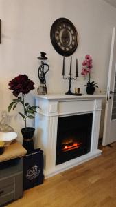 sala de estar con chimenea y reloj en la pared en Apartman KUM, en Vrnjačka Banja