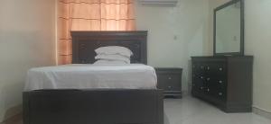 AtasomansoAdenab Jay Accommodation的一间卧室配有一张带镜子和梳妆台的床