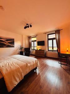 une chambre avec un lit et une télévision à écran plat dans l'établissement Komfort trifft Kultur - Premium-Apartment mit Sauna, à Wittemberg 9 autres photos