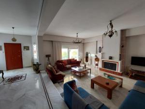 a large living room with couches and a tv at La maison de Catherine in Volos
