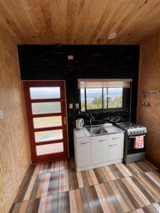 a small kitchen with a sink and a stove at Los Molinos Alto in Valdivia