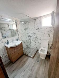 a bathroom with a shower and a sink and a toilet at Mitende Apartments in Kallithea Halkidikis +73 photos