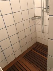 eine Dusche mit Holzboden im Badezimmer in der Unterkunft DIMANCHEVILLE in Dimancheville + 64 Fotos