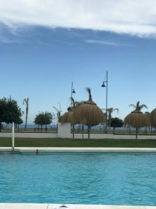 a swimming pool with straw umbrellas and palm trees at ValleNiza beach loft in Almayate Alto