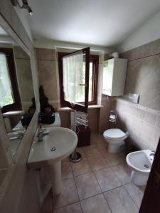 a bathroom with a sink and a toilet and a mirror at Green House in Rocca di Botte +21 photos