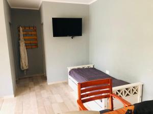 a small room with a bed and a flat screen tv at La quinta de los peques in Los Toldos