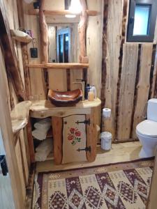 a bathroom in a log cabin with a toilet at Casa rustica in Braşov +70 photos
