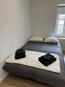a bed with two black pillows on top of it at Les Perles de Limoux - Centre Clim Wifi Parking Gratuit in Limoux