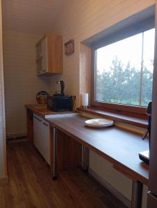 a kitchen with a counter top and a window at Atpūtas māja Liepalejas in Stacija Vatrāne +9 photos