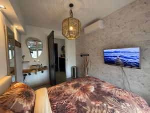 a bedroom with a bed and a tv on the wall at Hart van Petten in Petten