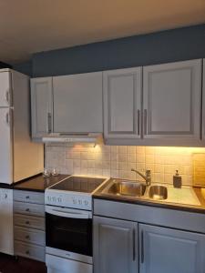 eine Küche mit weißen Schränken und einer Spüle in der Unterkunft Storehorn Apartments Hemsedal in Fausko
