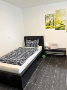 een slaapkamer met een bed en twee schilderijen aan de muur bij Apartment 15 in Allersberg