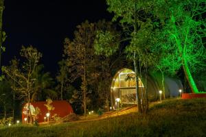 a house lit up at night with green lights at Ginberry Holidays in Wayanad