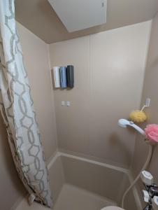 a bathroom with a shower curtain and a sink at Nomado Base at YOYOGI in Tokyo