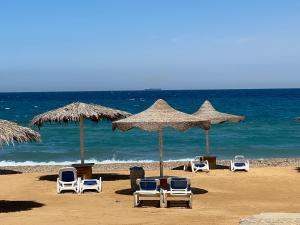 a group of chairs and umbrellas on a beach at Telal breeze villa-family only in Ain Sokhna
