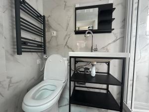 un bagno con un water bianco e un lavandino di Studio Lumineux Mezzanine à 10 minutes de Disney a Serris Altre 14 foto