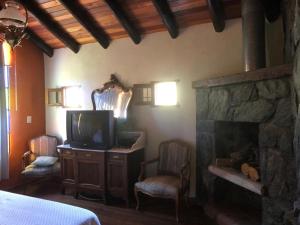 een slaapkamer met een open haard, een tv en een bed bij Lagriega in Cuesta Blanca