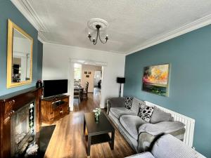 a living room with a couch and a fireplace at Town House with Jacuzzi & Sauna in Nottingham