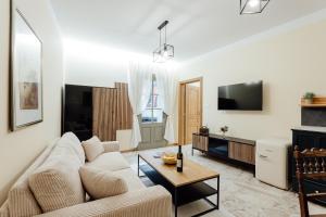 Una sala de estar con un sofá y un televisor. en Apartmány FRANZ, en Banská Štiavnica