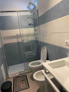 a bathroom with a shower and a toilet and a sink at Oikos Noemi in Palinuro +5 photos
