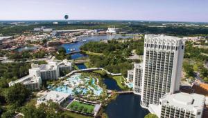 an aerial view of a large building and a river at Hilton Orlando Buena Vista Palace - Disney Springs Area in Orlando