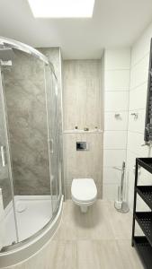 a bathroom with a toilet and a shower at Apartament KOREK in Stronie Śląskie