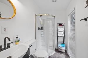 a bathroom with a shower and a toilet and a sink at Cozy 3BR Retreat in Downtown Bethlehem - Hot Tub, Trails, Near Ski & Hike in Bethlehem +26 photos