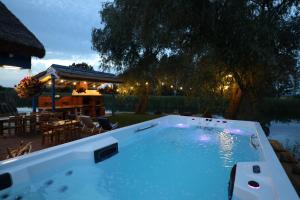 a swimming pool in a backyard at night at Casa Tasha in Dunavăţu de Jos