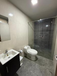 a bathroom with a toilet and a shower and a sink at Hotel Tunebo Inn in Ríohacha