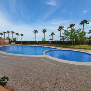 a swimming pool with palm trees in the background at Casa Dorada Primera Línea Oropesa in El Borseral