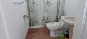 Un baño con inodoro, lavabo y ducha. en Alojamiento Yanira, en Valparaíso