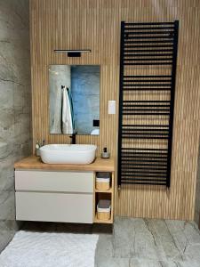 a bathroom with a sink and a mirror at Mint Vibe Apartment in Odorheiu Secuiesc +15 photos