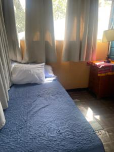 ベリーズシティにあるHowler Jungle Cabanas Belizeのベッドルーム1室(青いベッド1台、窓付)