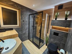 a bathroom with a shower and a sink at Apartament Grańskie Zacisze in Raba Wyżna
