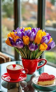 a vase filled with purple and yellow flowers on a table at Akik in Zlatibor