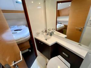 ein Badezimmer mit Toilette, Waschbecken und Spiegel in der Unterkunft Floatinn Boat-BnB in Genf